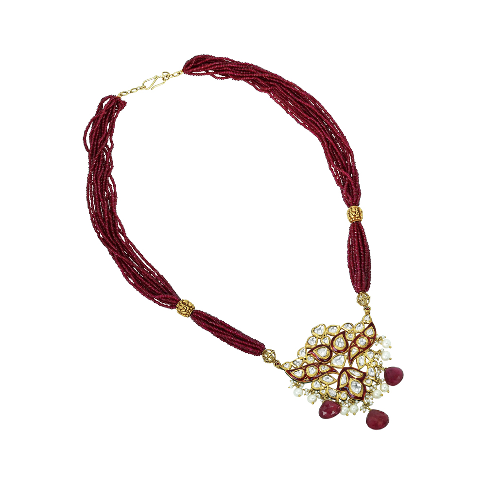 Red Enamel Polki Pendant Set with Tourmaline and Pearl Drops